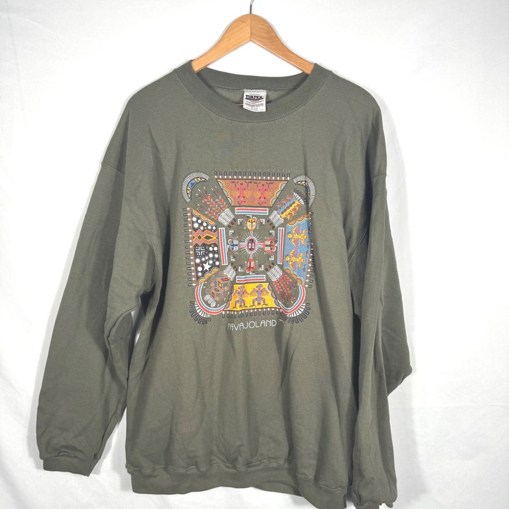 Vintage Tultex Navajoland Graphic Sweatshirt Olive Green X-Large XL Crewneck